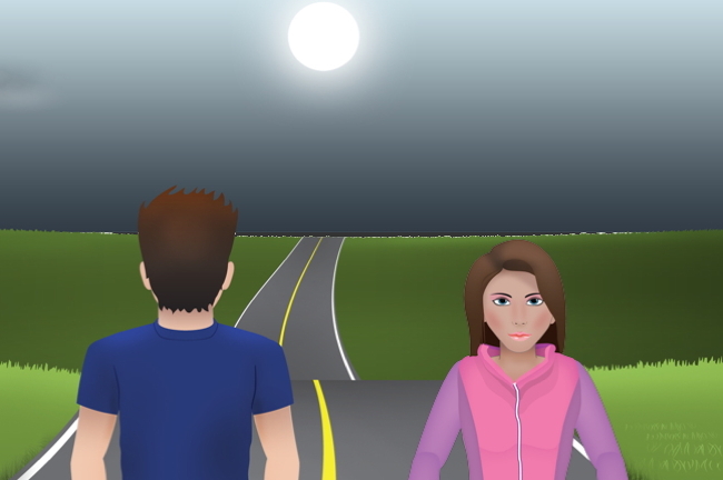 Boy facing one direction and girl facing the other with road in front of them